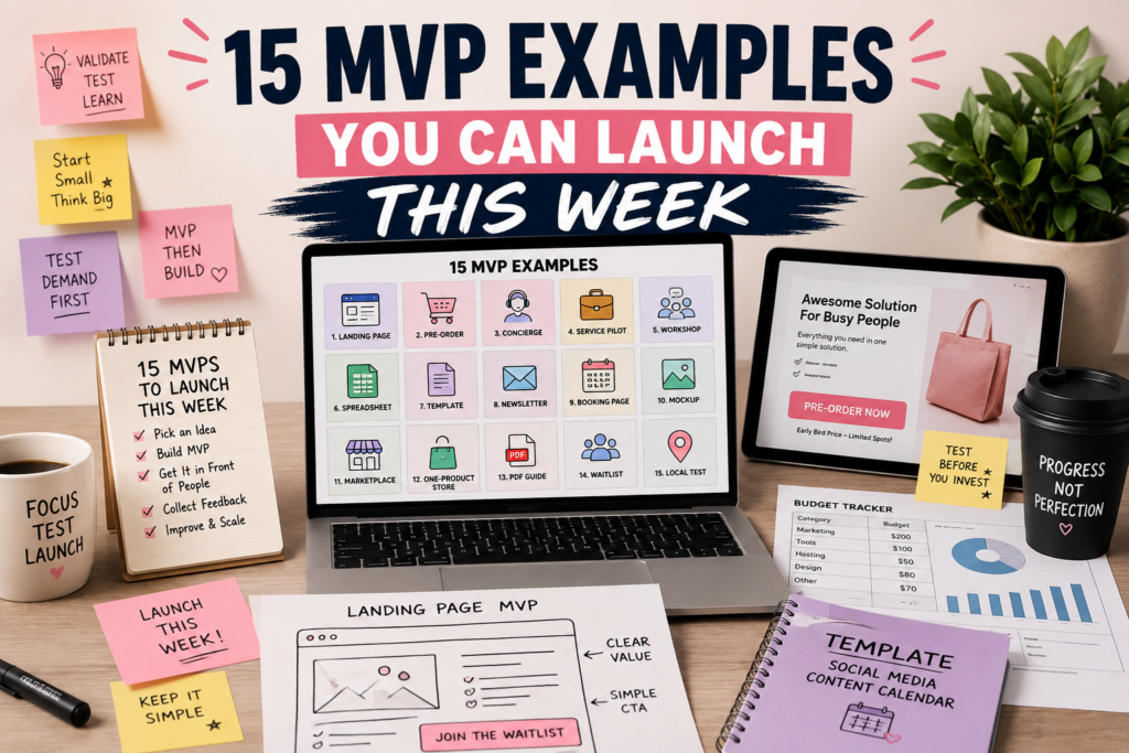 Startup desk with laptop, sticky notes, MVP checklist, landing page wireframe, pre-order mockup, spreadsheet, templates, and 15 MVP examples to launch this week.