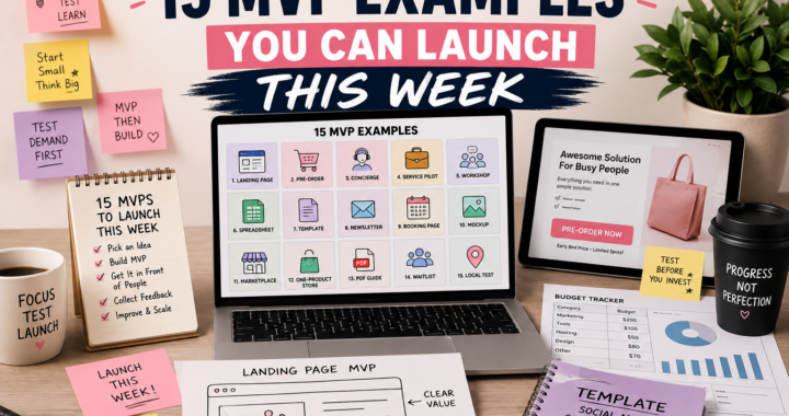 Startup desk with laptop, sticky notes, MVP checklist, landing page wireframe, pre-order mockup, spreadsheet, templates, and 15 MVP examples to launch this week.