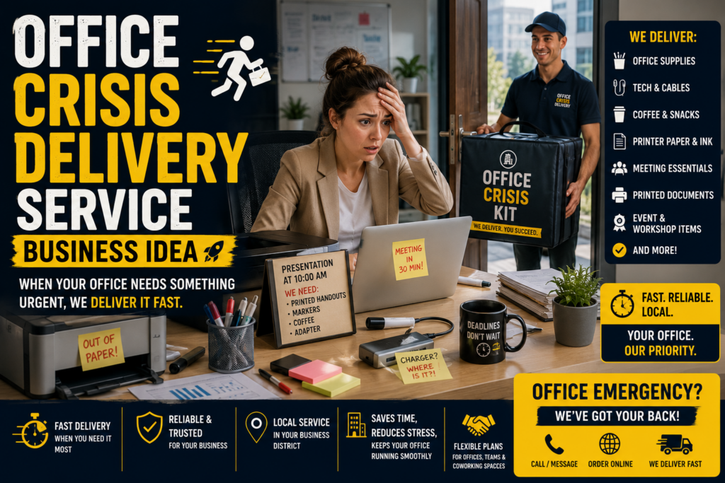 Stressed office worker receiving an office crisis delivery kit with urgent workplace supplies, cables, printer paper, coffee, snacks, documents, and meeting essentials.