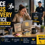 Stressed office worker receiving an office crisis delivery kit with urgent workplace supplies, cables, printer paper, coffee, snacks, documents, and meeting essentials.