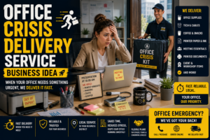Stressed office worker receiving an office crisis delivery kit with urgent workplace supplies, cables, printer paper, coffee, snacks, documents, and meeting essentials.