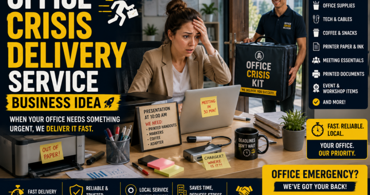Stressed office worker receiving an office crisis delivery kit with urgent workplace supplies, cables, printer paper, coffee, snacks, documents, and meeting essentials.