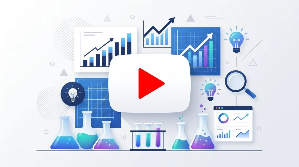 YouTube play button combined with business laboratory elements including beakers, charts and experiment icons.