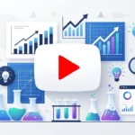 YouTube play button combined with business laboratory elements including beakers, charts and experiment icons.