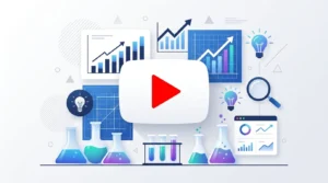 YouTube play button combined with business laboratory elements including beakers, charts and experiment icons.