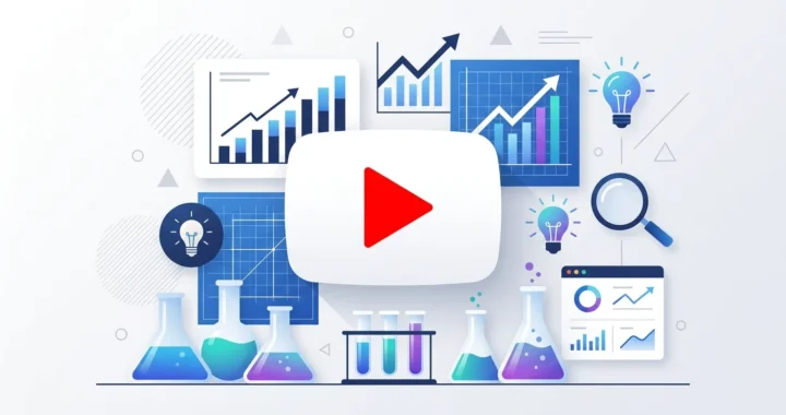 YouTube play button combined with business laboratory elements including beakers, charts and experiment icons.