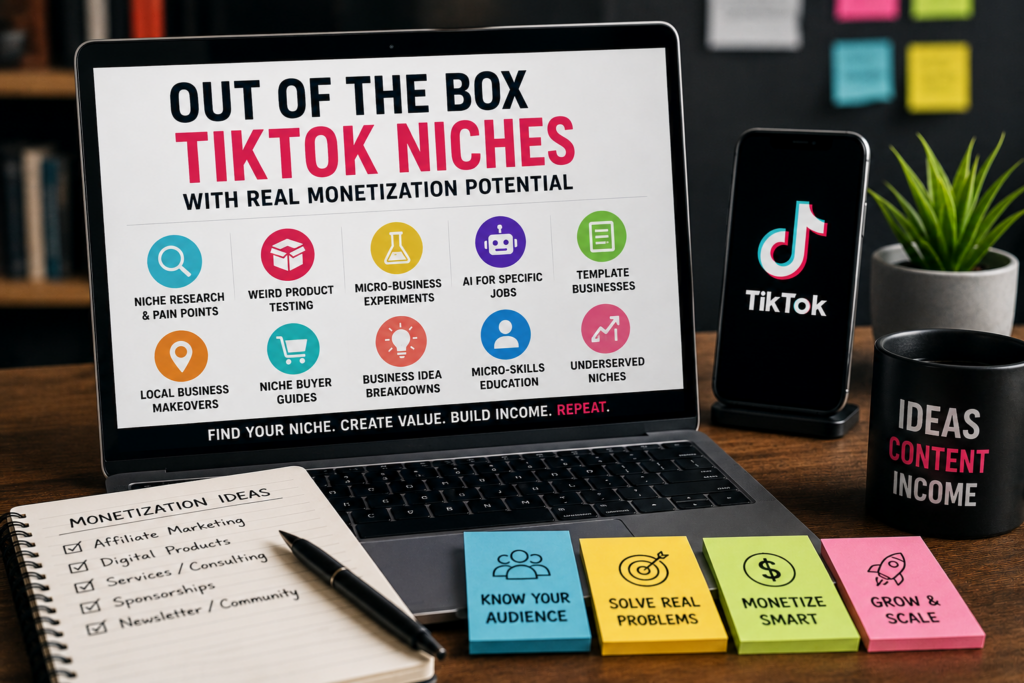 Laptop and smartphone showing out-of-the-box TikTok niches with monetization ideas such as niche research, product testing, AI content, templates, and local business makeovers.