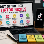 Laptop and smartphone showing out-of-the-box TikTok niches with monetization ideas such as niche research, product testing, AI content, templates, and local business makeovers.