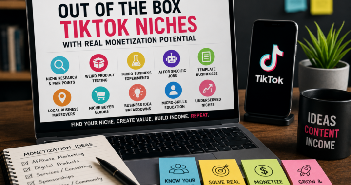 Laptop and smartphone showing out-of-the-box TikTok niches with monetization ideas such as niche research, product testing, AI content, templates, and local business makeovers.