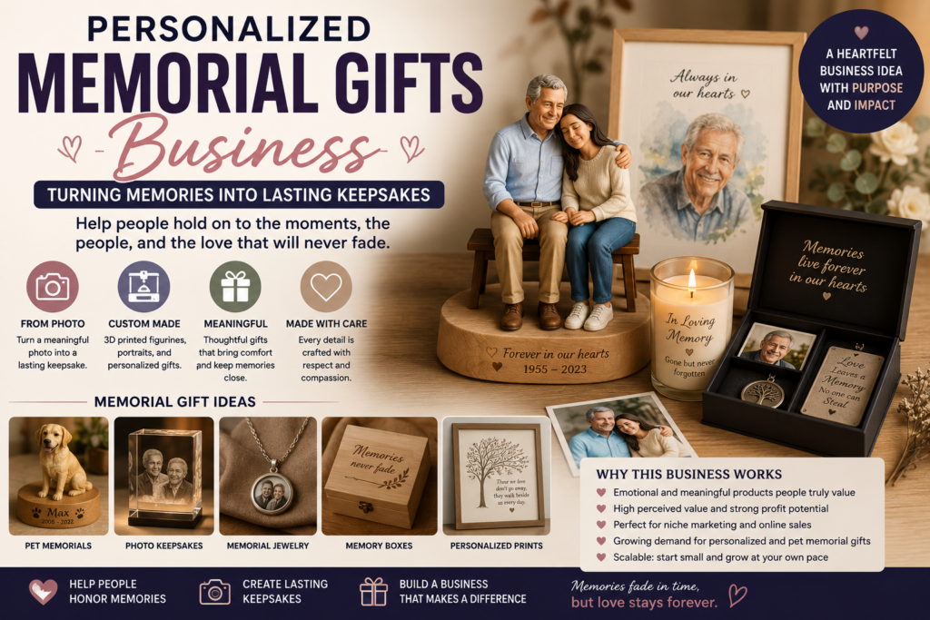 Personalized memorial gifts business with custom 3D figurine, photo keepsakes, memorial candle, memory box, jewelry, pet memorial, and remembrance gifts.