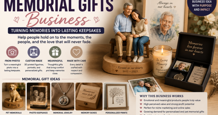 Personalized memorial gifts business with custom 3D figurine, photo keepsakes, memorial candle, memory box, jewelry, pet memorial, and remembrance gifts.