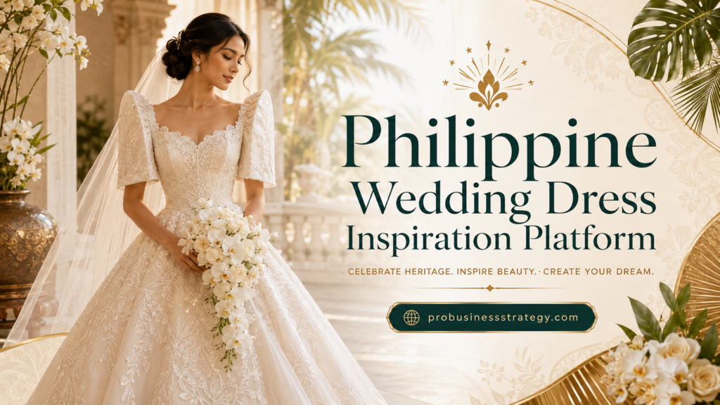 Philippine wedding dress inspiration with a Filipiniana bridal gown, butterfly sleeves, tropical wedding setting, and elegant Filipino bridal style.