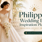 Philippine wedding dress inspiration with a Filipiniana bridal gown, butterfly sleeves, tropical wedding setting, and elegant Filipino bridal style.