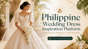 Philippine wedding dress inspiration with a Filipiniana bridal gown, butterfly sleeves, tropical wedding setting, and elegant Filipino bridal style.