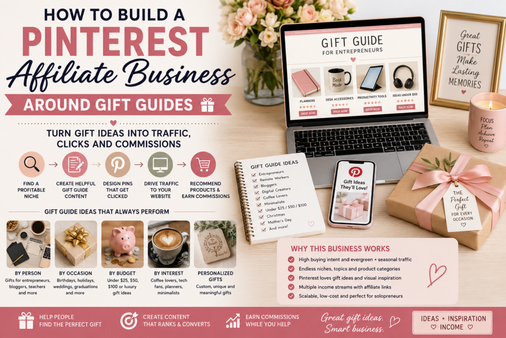 Pinterest affiliate business around gift guides with laptop, gift products, Pinterest traffic, affiliate commissions, and gift guide content ideas.