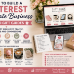 Pinterest affiliate business around gift guides with laptop, gift products, Pinterest traffic, affiliate commissions, and gift guide content ideas.