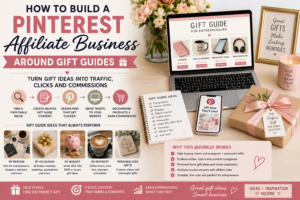Pinterest affiliate business around gift guides with laptop, gift products, Pinterest traffic, affiliate commissions, and gift guide content ideas.