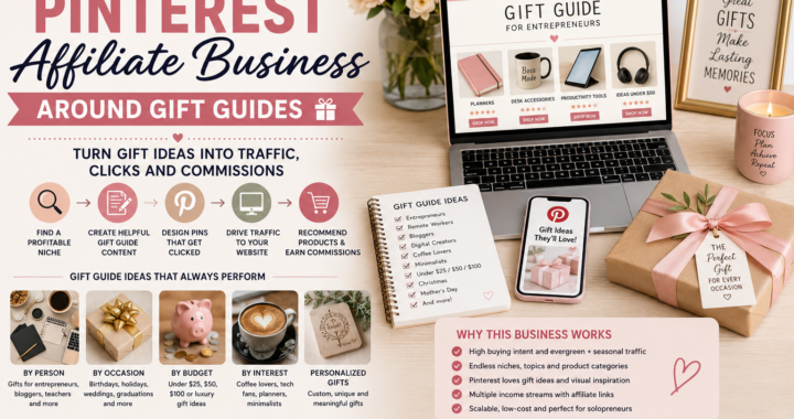 Pinterest affiliate business around gift guides with laptop, gift products, Pinterest traffic, affiliate commissions, and gift guide content ideas.