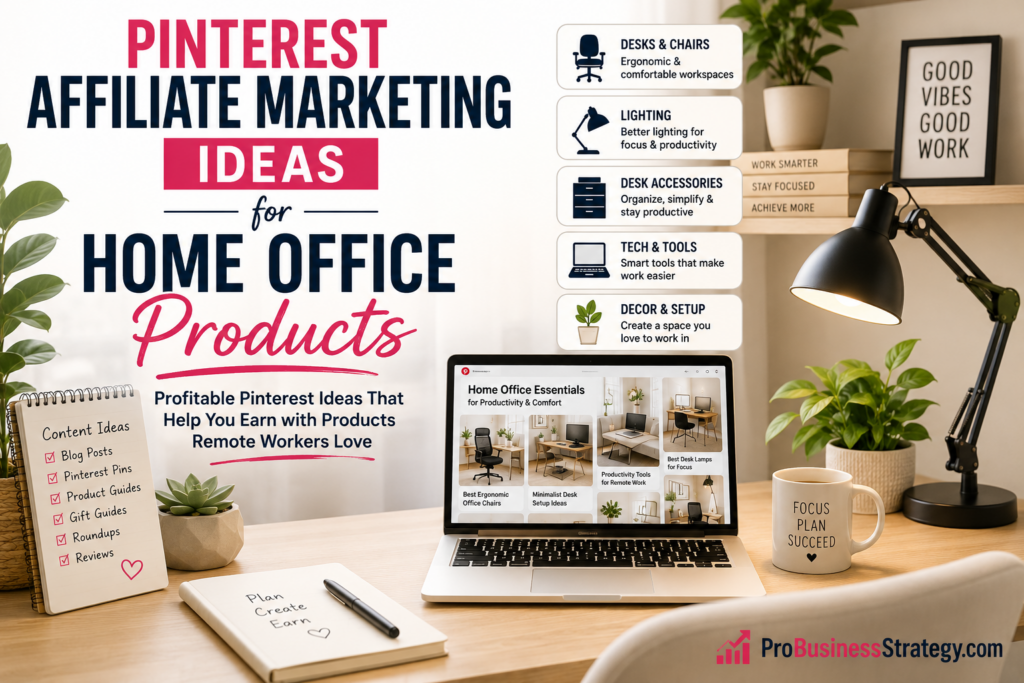 Pinterest affiliate marketing ideas for home office products with desk setup, laptop, lighting, desk accessories, productivity tools, and remote work essentials.