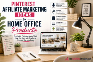 Pinterest affiliate marketing ideas for home office products with desk setup, laptop, lighting, desk accessories, productivity tools, and remote work essentials.