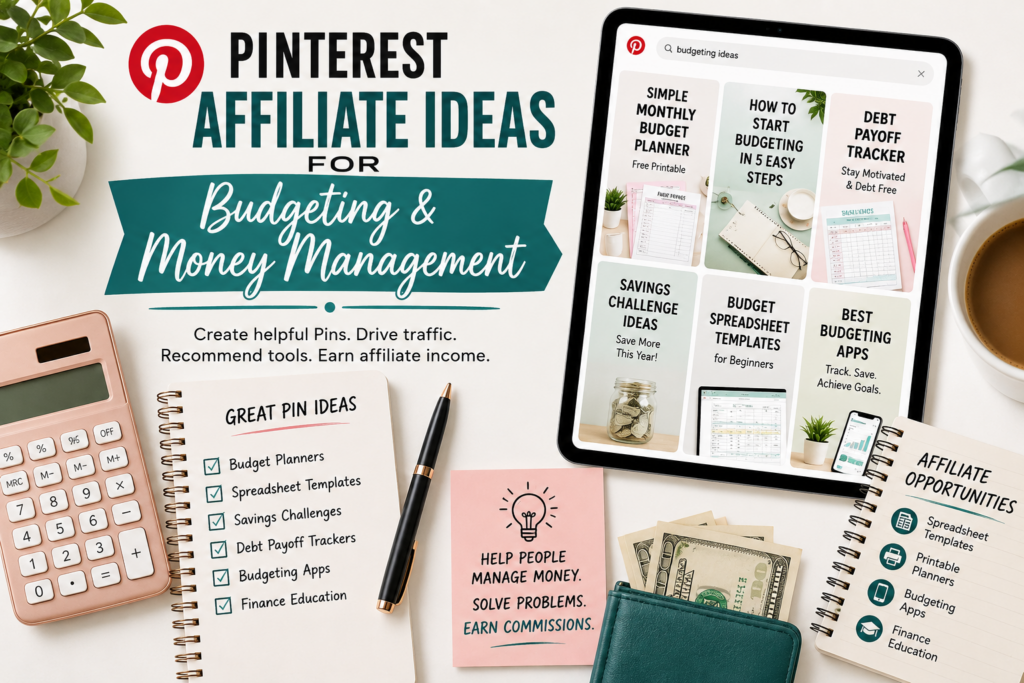 Pinterest affiliate ideas for budgeting and money management with budget planners, spreadsheet templates, budgeting apps and finance education resources