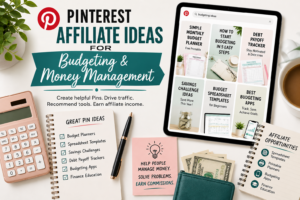 Pinterest affiliate ideas for budgeting and money management with budget planners, spreadsheet templates, budgeting apps and finance education resources
