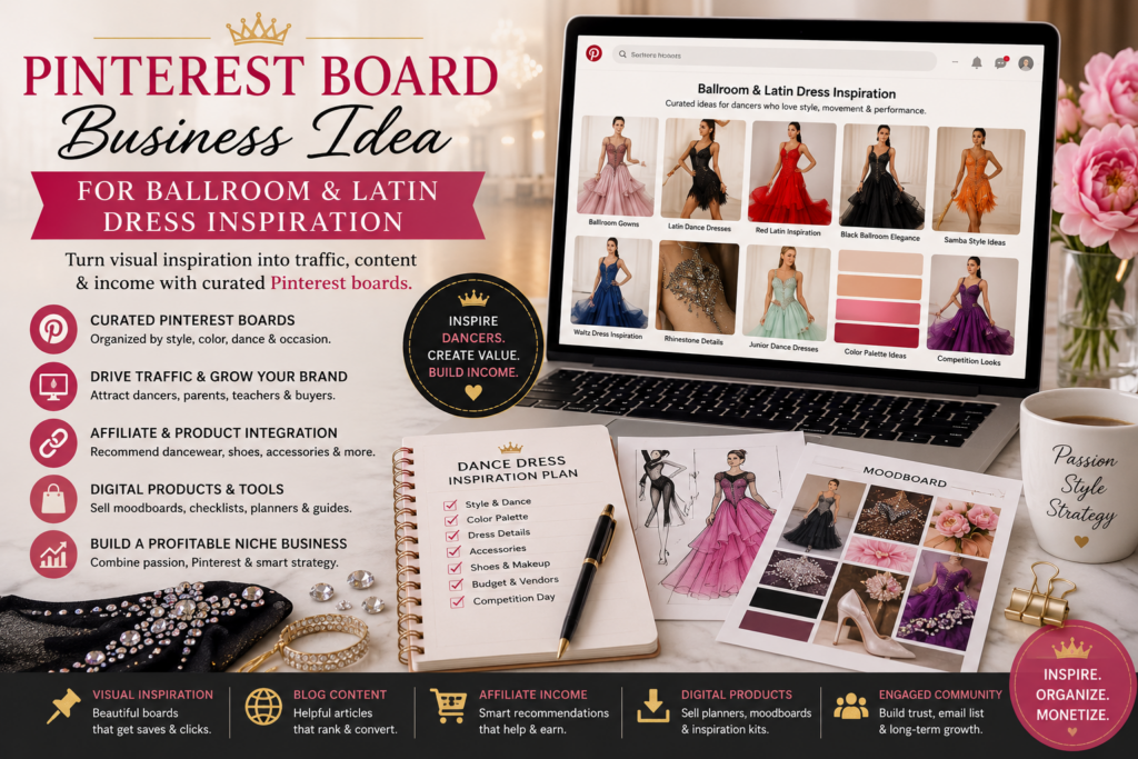 A glamorous Pinterest board business workspace showing ballroom and Latin dress inspiration, dancewear moodboards, dress sketches, color palettes and digital product planning.