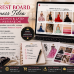 A glamorous Pinterest board business workspace showing ballroom and Latin dress inspiration, dancewear moodboards, dress sketches, color palettes and digital product planning.