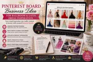 A glamorous Pinterest board business workspace showing ballroom and Latin dress inspiration, dancewear moodboards, dress sketches, color palettes and digital product planning.