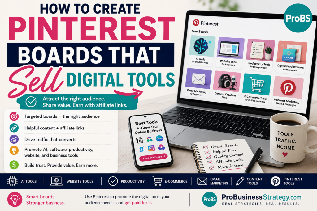 Pinterest boards that sell digital tools with AI tools, website tools, productivity apps, email marketing, e-commerce tools, and affiliate marketing strategy.