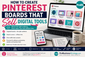 Pinterest boards that sell digital tools with AI tools, website tools, productivity apps, email marketing, e-commerce tools, and affiliate marketing strategy.