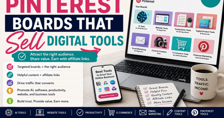 Pinterest boards that sell digital tools with AI tools, website tools, productivity apps, email marketing, e-commerce tools, and affiliate marketing strategy.