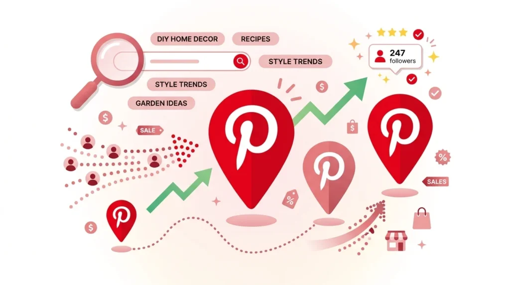Pinterest search and discovery icons showing growth from small to large pins, emphasizing traffic without large follower counts.