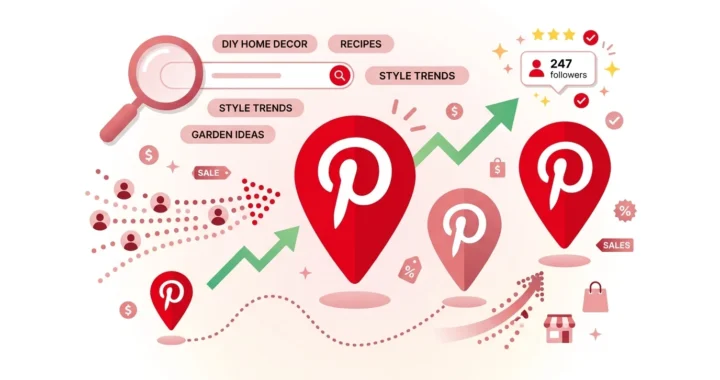 Pinterest search and discovery icons showing growth from small to large pins, emphasizing traffic without large follower counts.