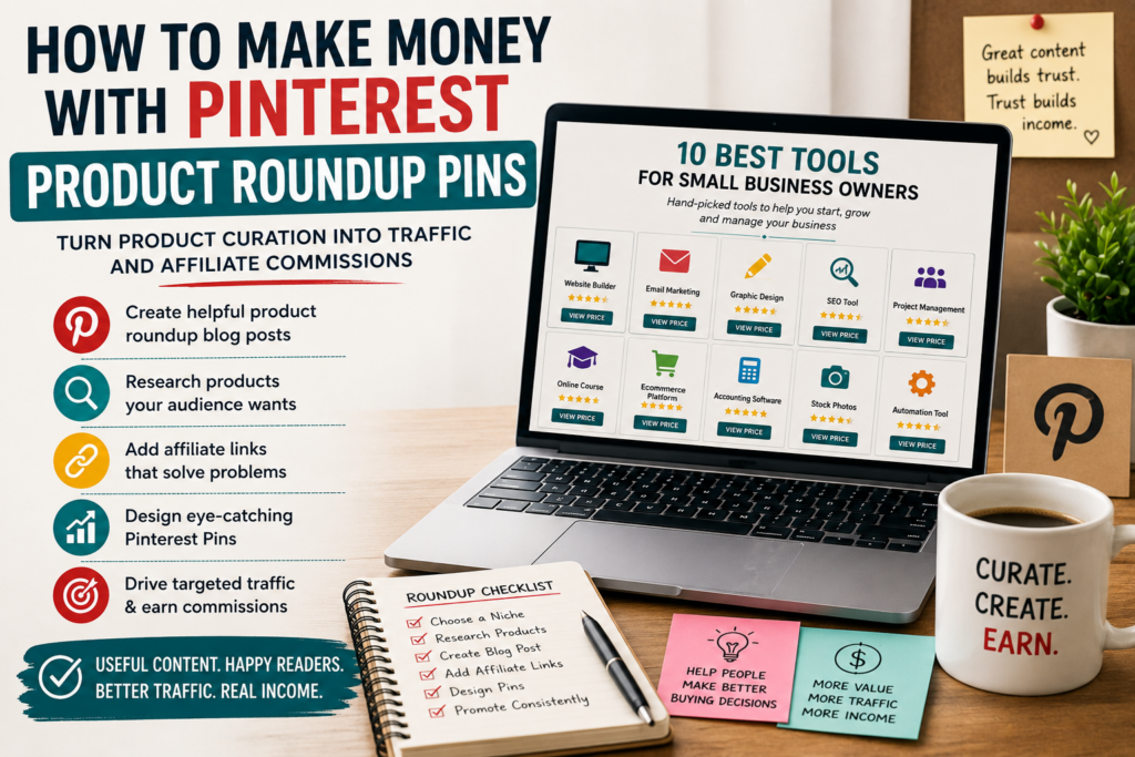 Workspace with laptop showing Pinterest product roundup Pins, affiliate marketing steps, product curation, traffic strategy, and commission-focused blog content.