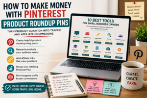 Workspace with laptop showing Pinterest product roundup Pins, affiliate marketing steps, product curation, traffic strategy, and commission-focused blog content.