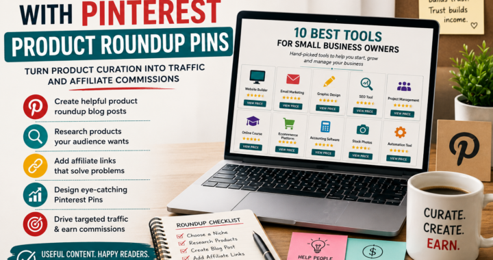 Workspace with laptop showing Pinterest product roundup Pins, affiliate marketing steps, product curation, traffic strategy, and commission-focused blog content.