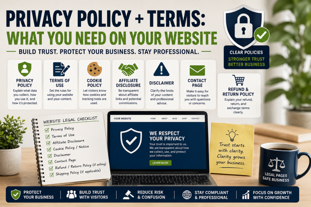 Website legal pages checklist with Privacy Policy, Terms of Use, Cookie Policy, Affiliate Disclosure, Disclaimer, Contact Page, and business protection.