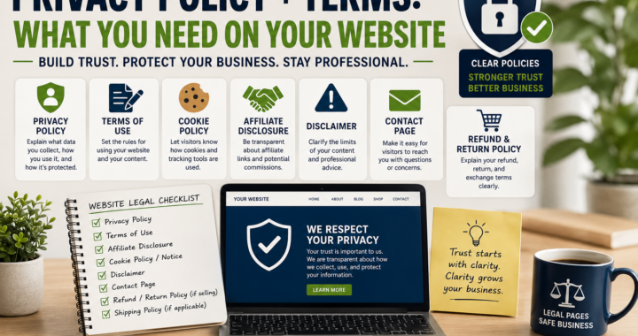 Website legal pages checklist with Privacy Policy, Terms of Use, Cookie Policy, Affiliate Disclosure, Disclaimer, Contact Page, and business protection.