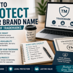 A business workspace showing trademark registration, brand protection checklist, laptop with TM shield icon and steps to protect a brand name.