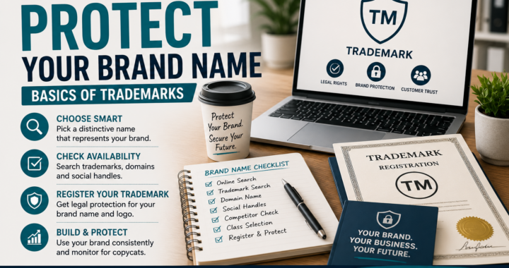 A business workspace showing trademark registration, brand protection checklist, laptop with TM shield icon and steps to protect a brand name.