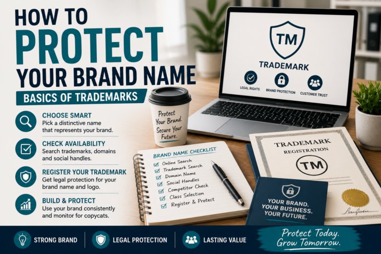 A business workspace showing trademark registration, brand protection checklist, laptop with TM shield icon and steps to protect a brand name.