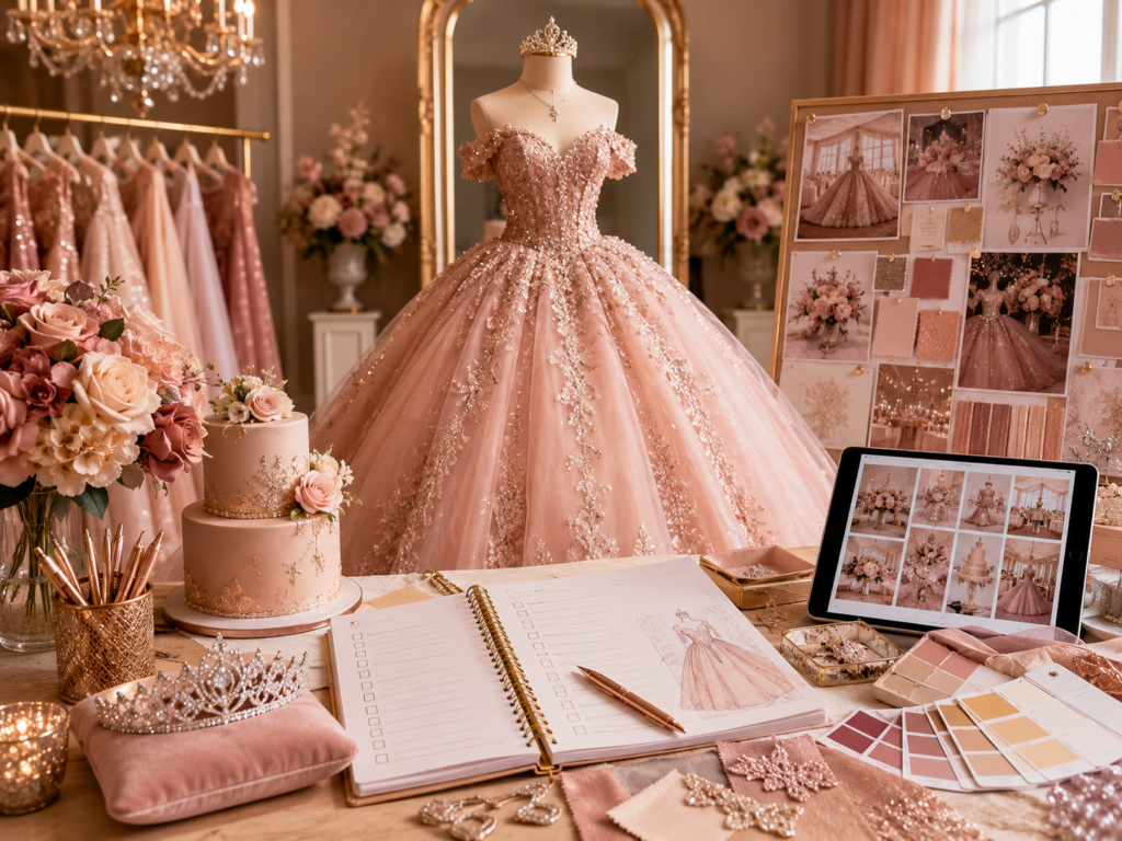 Quinceañera business ideas with pink ball gown, planning checklist, moodboard, cake, tiara, digital products and celebration inspiration