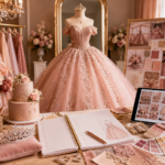 Quinceañera business ideas with pink ball gown, planning checklist, moodboard, cake, tiara, digital products and celebration inspiration