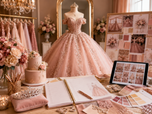 Quinceañera business ideas with pink ball gown, planning checklist, moodboard, cake, tiara, digital products and celebration inspiration