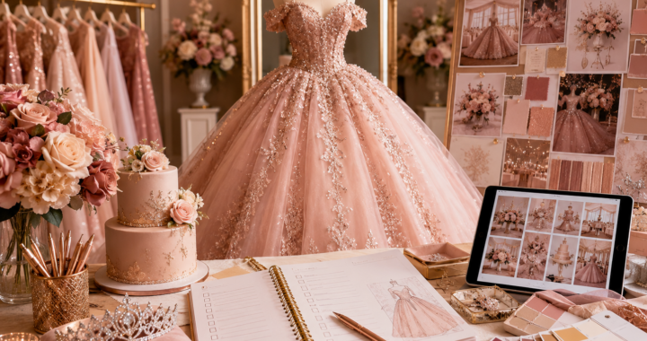 Quinceañera business ideas with pink ball gown, planning checklist, moodboard, cake, tiara, digital products and celebration inspiration