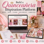 Quinceañera celebration inspiration platform with pink ball gown, laptop website, planning checklist, moodboard, cake, tiara and digital product ideas
