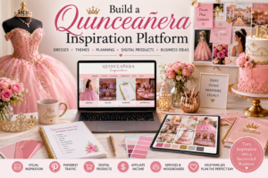 Quinceañera celebration inspiration platform with pink ball gown, laptop website, planning checklist, moodboard, cake, tiara and digital product ideas