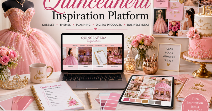 Quinceañera celebration inspiration platform with pink ball gown, laptop website, planning checklist, moodboard, cake, tiara and digital product ideas