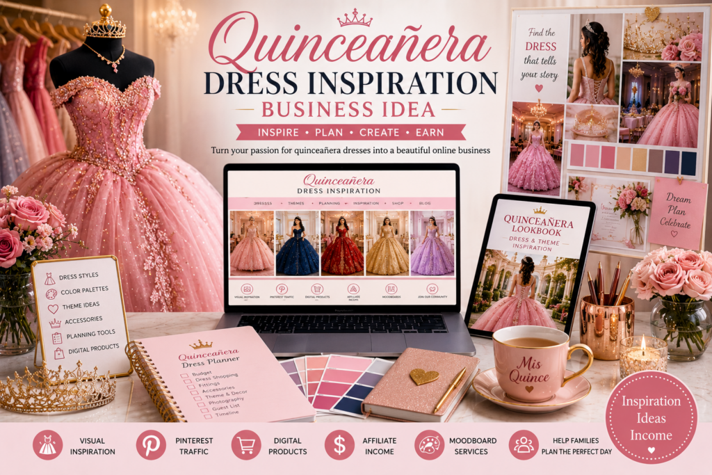 Quinceañera dress inspiration business idea with pink ball gown, laptop website, moodboard, planning checklist, color palettes and digital product ideas